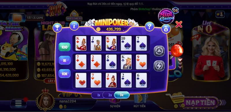 Tổ hợp bài và điểm thưởng trong Mini Poker 68 game bài